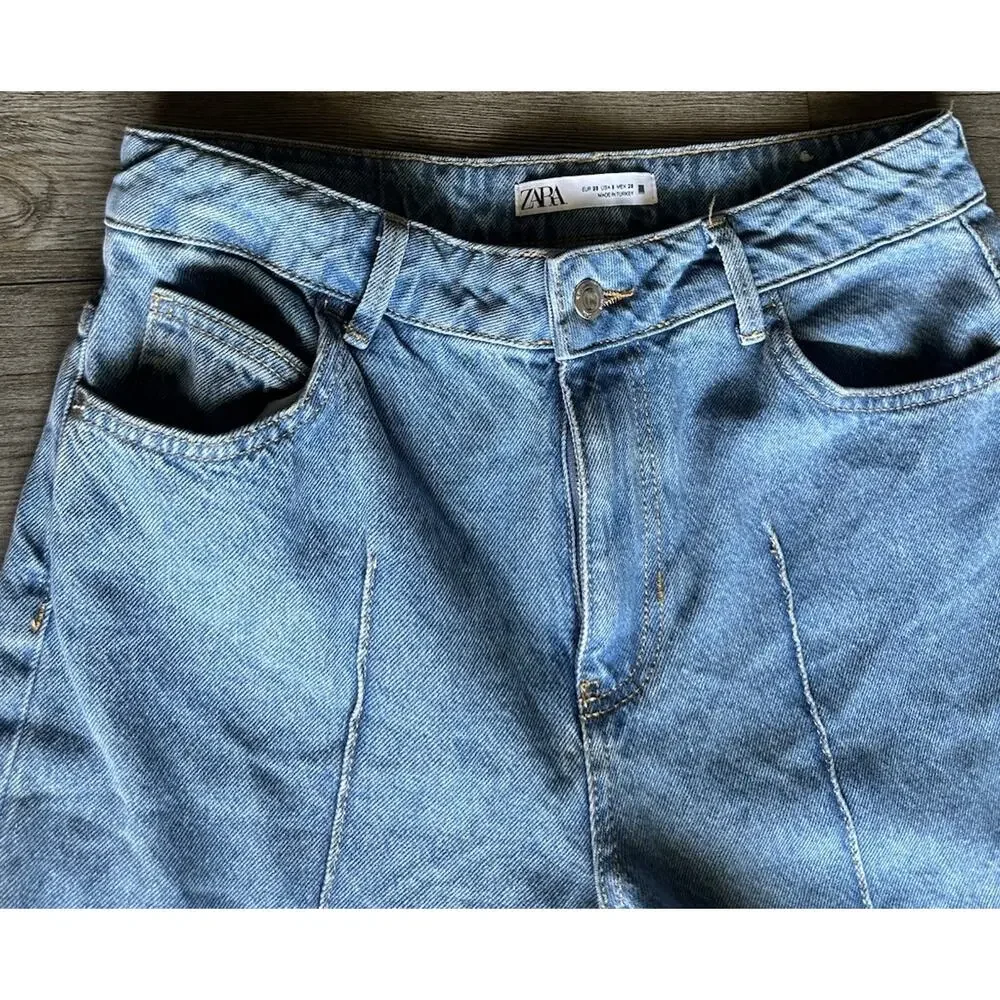 Zara Logo High-Waisted Cropped Wide Leg Jean Sz 6 Blue For Womens Cotton 100% - Picture 15 of 16